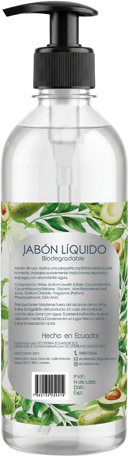 Jabón Líquido Aguacate: reverso del envase